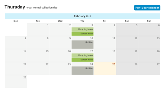 The waste collection finder shows your bin day on a calendar