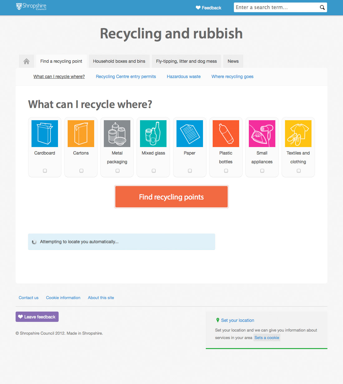 Screenshot of the first stage of the what I can recycle where page